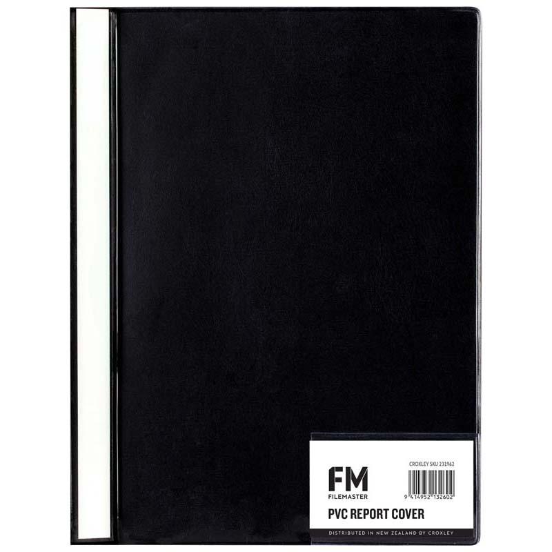 A4 black PVC report cover with business card holder and two-prong fastener, perfect for professional presentations.