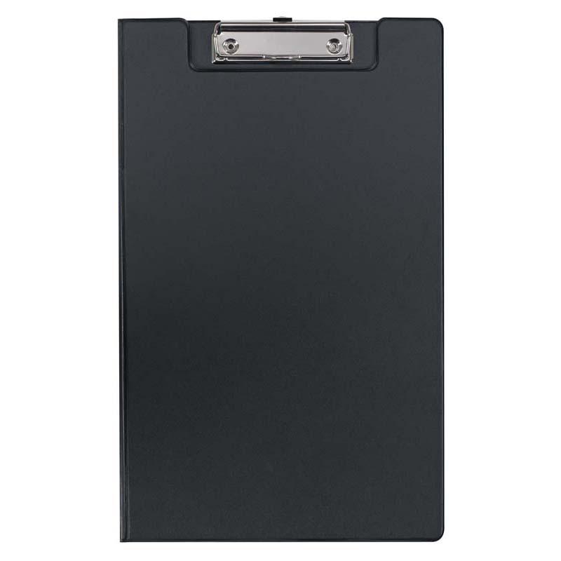 Black foolscap clipboard with front flap pocket, pen holder, and wall mountable design for organization and efficiency.
