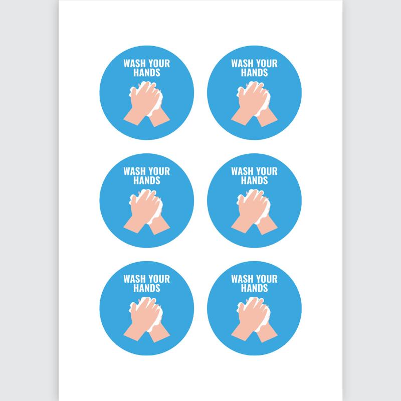 Round self-adhesive 'Wash Your Hands' signs in blue and white on five sheets, promoting hygiene in various settings.