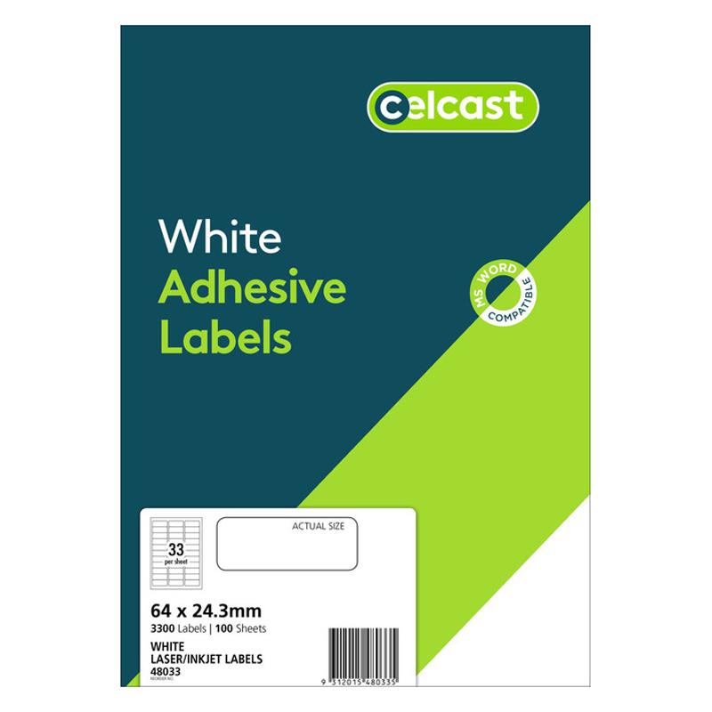 White paper labels A4, 64x24.3mm, 33 labels per sheet, perfect for printing and organizing with MS Word templates.