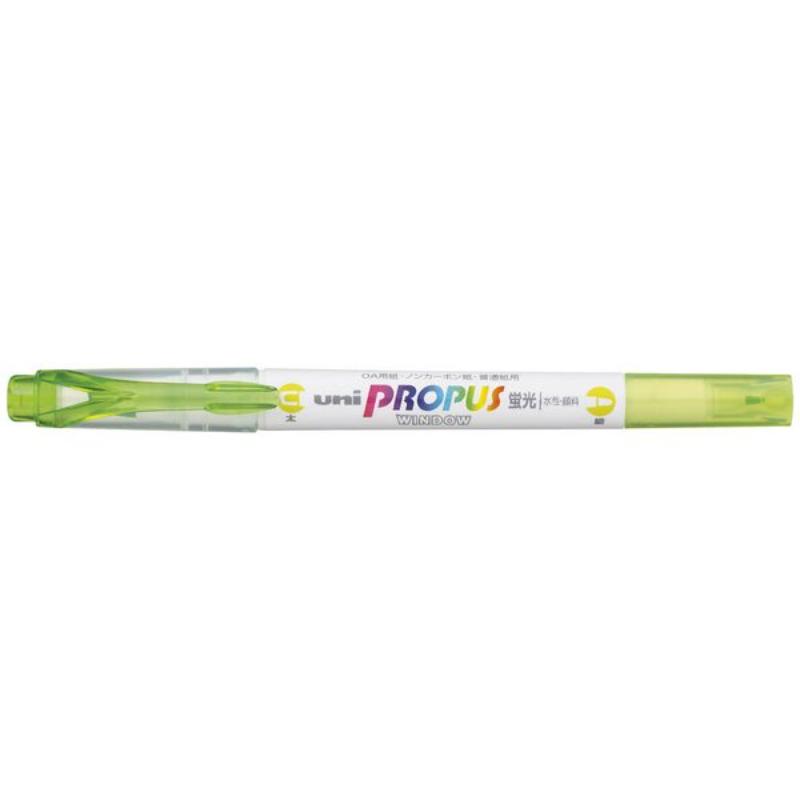 Lime double-ended highlighter with 4.0mm and 0.6mm tips, featuring a transparent window for precise highlighting.