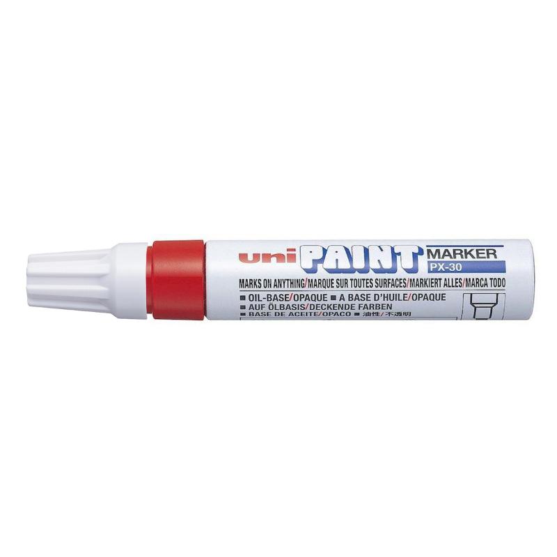 Uni Paint Marker in red with 4.0-8.5mm chisel tip, perfect for versatile marking on various surfaces, waterproof and fade-resistant.