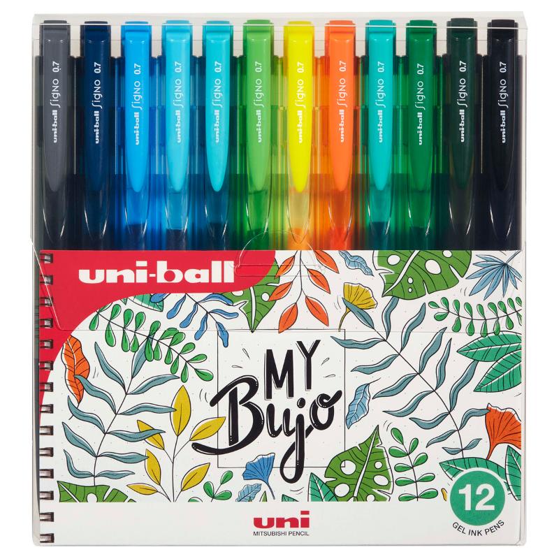 Set of 12 Uni Signo RT1 0.7mm retractable rollerball pens in vibrant botanical colors, featuring a soft grip and quick-drying ink.