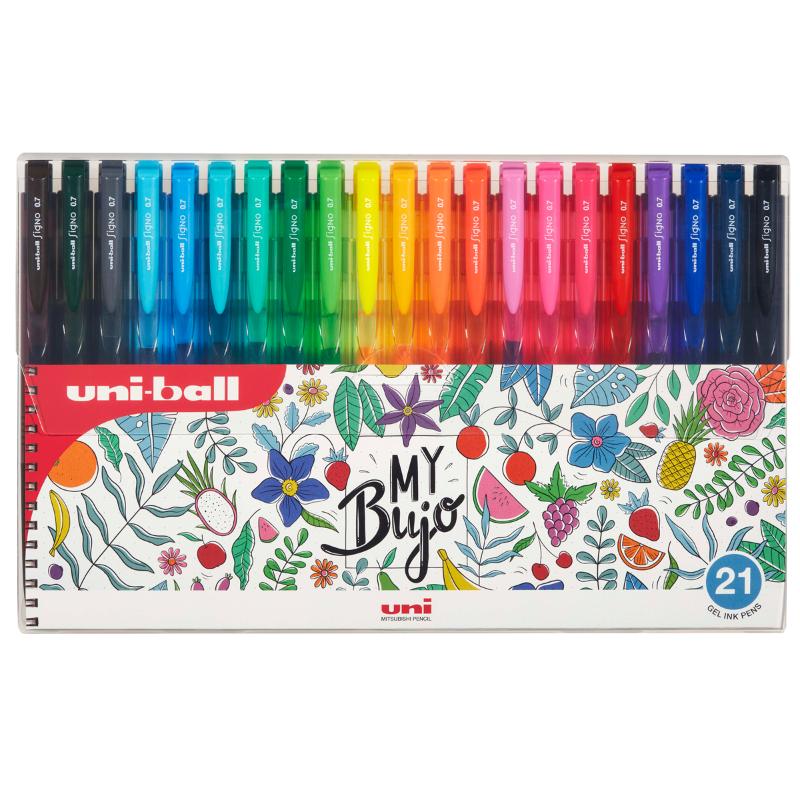 Assorted 21-pack Uni Signo RT1 0.7mm retractable pens with smooth gel ink and comfortable grip for precise writing.