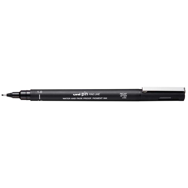 Uni Pin Fineline 1.0mm Black pen with water-resistant ink, ideal for precise illustrations and detailed sketches.