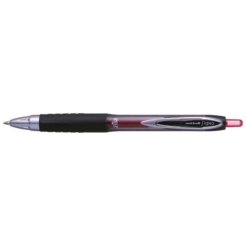 Uni-ball Signo 207 Retractable Gel Pen in red, featuring a 0.7mm nib, ergonomic grip, and quick-drying ink for smooth writing.