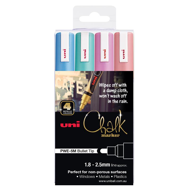 Four metallic Uni Chalk Markers with bullet tips, perfect for vibrant artwork and signage on various non-porous surfaces.
