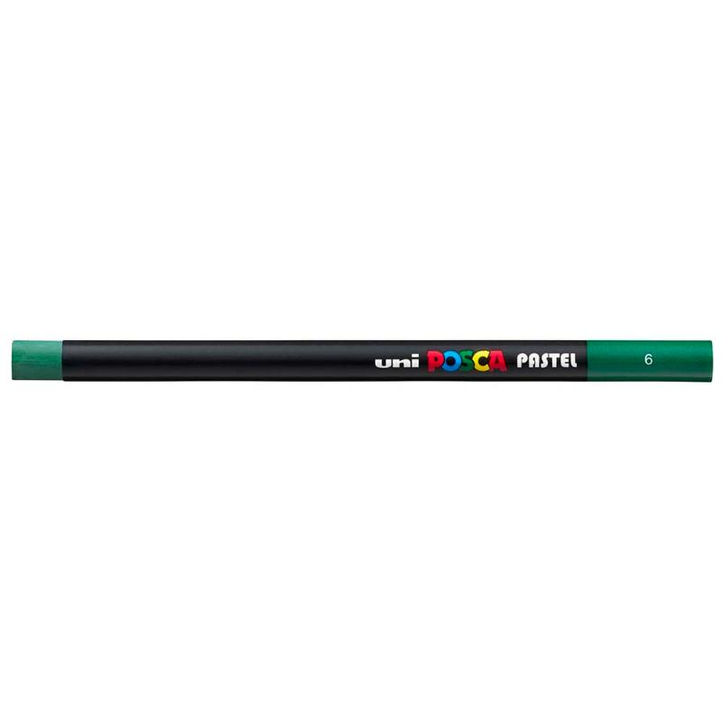 Uni Posca Pastel Green pen, featuring a smooth wax formula for vibrant art on various surfaces like wood and glass.