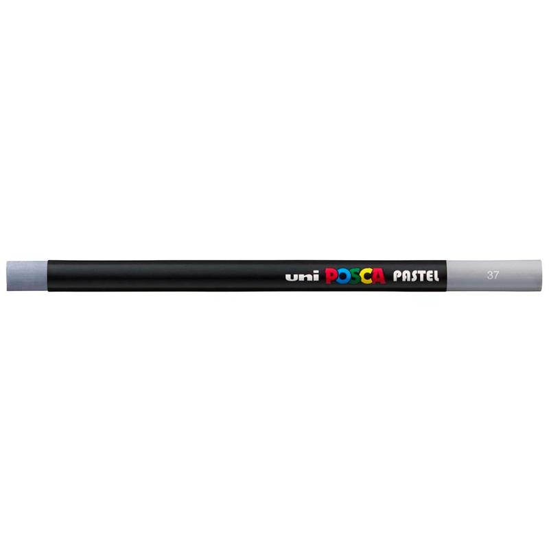 Uni Posca Pastel Grey pencil showcasing vibrant color, smooth finish, and versatility for various artistic techniques on multiple surfaces.