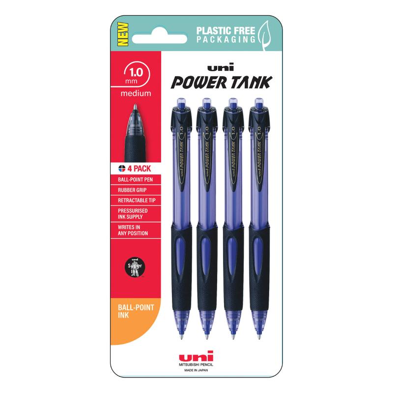 Pack of four Uni PowerTank 1.0mm retractable blue pens, featuring pressurised ink for versatile writing in all conditions.