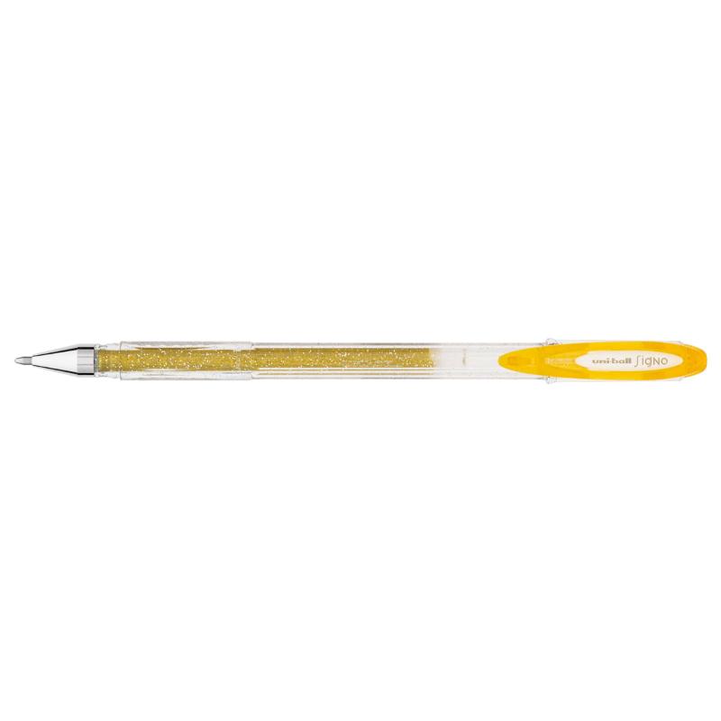 Gold Uni-Ball Signo Sparkling gel pen with 0.7mm tip for elegant writing and detailed artwork, featuring smooth, shimmering ink.