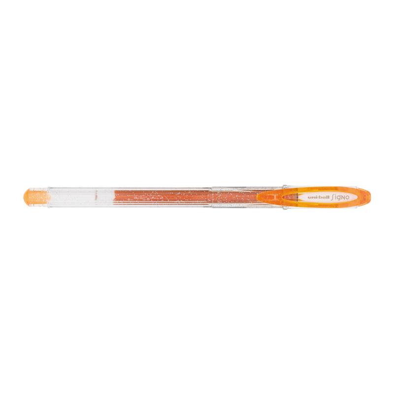 Vibrant orange Uni-Ball Signo Sparkling gel pen with a 0.7mm tip, ideal for creative writing and crafting.