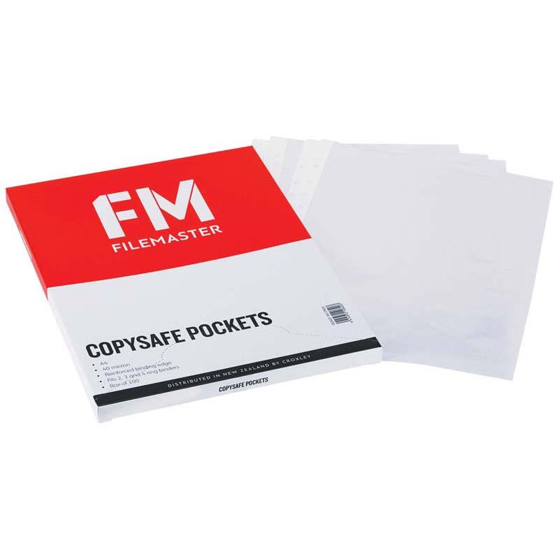 Clear A4 plastic pockets in a box of 100, designed for document protection with a frosted finish and top-opening for easy access.