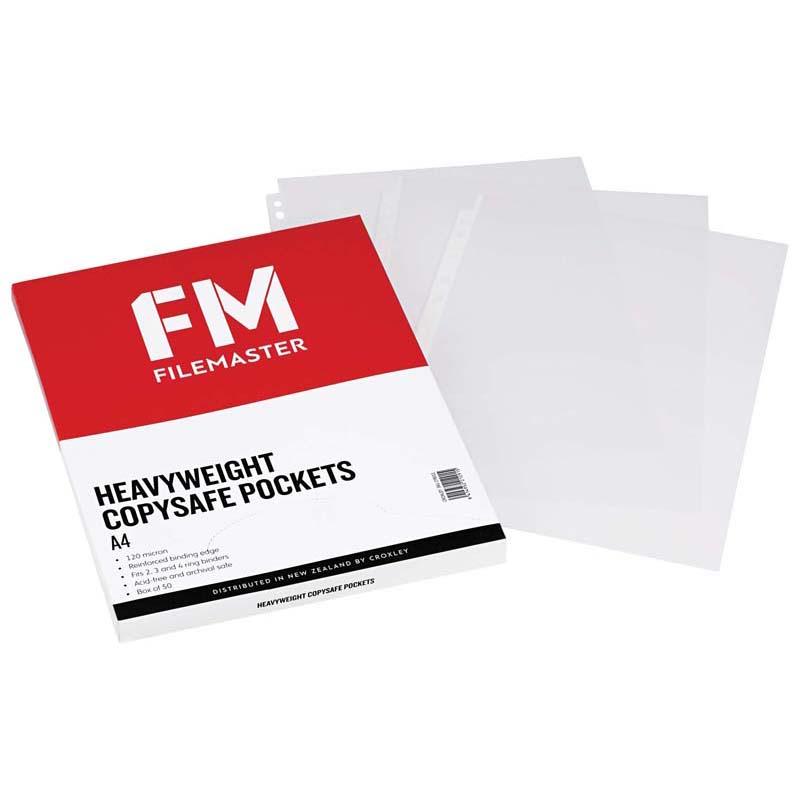 Clear plastic pockets in a box of 50, 115-micron thick for durable document protection and easy access, A4 size.
