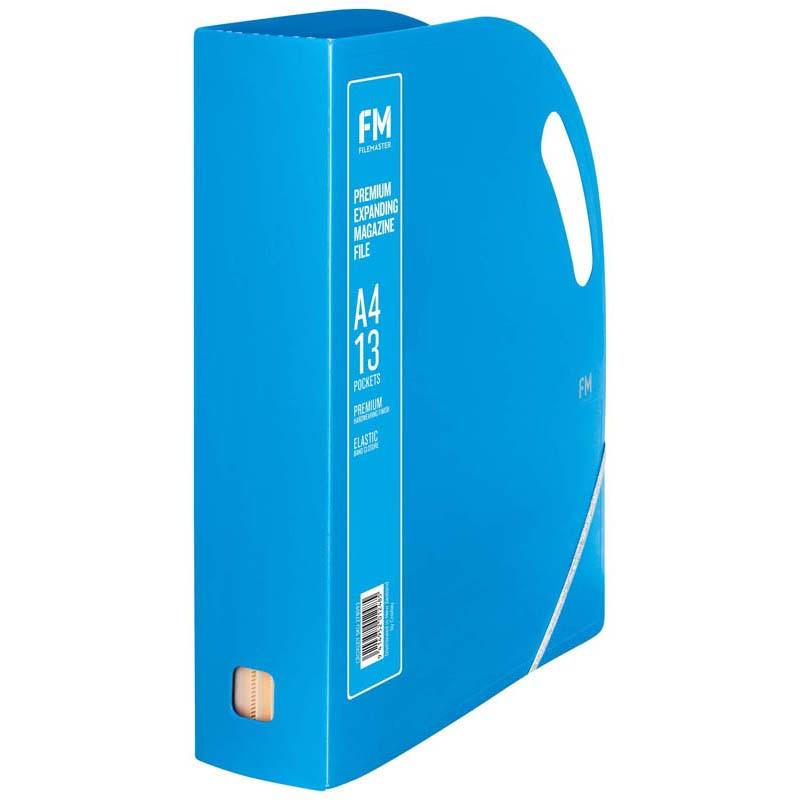 Ice Blue expanding magazine file with 13 pockets, elastic band for expansion, and handles for easy transport, perfect for organization.