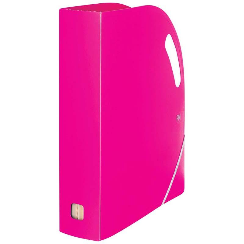 FM Premium Expanding Magazine File in Shocking Pink, featuring 13 expandable pockets and handles for easy transport.