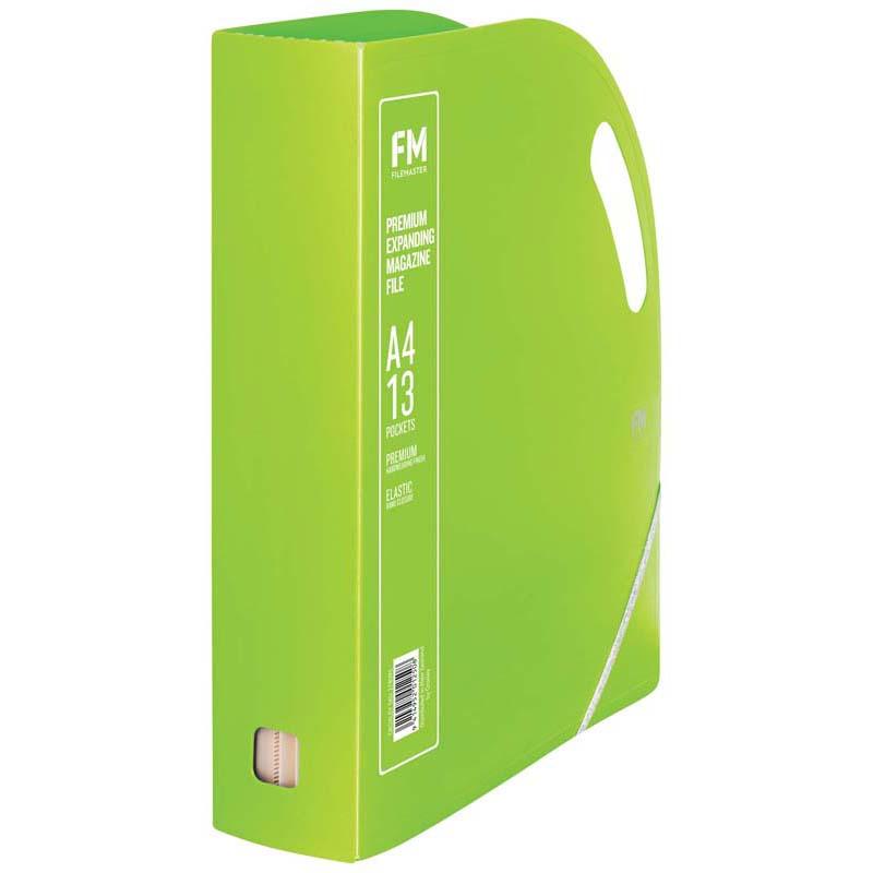 Lime Green FM Prem Expanding Magazine File with 13 pockets, durable polypropylene, and ergonomic handles for easy transport.