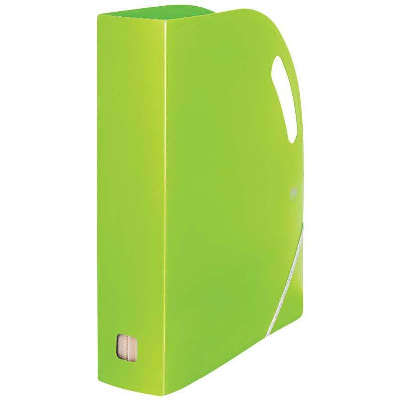 Lime Green FM Prem Expanding Magazine File with 13 pockets, elastic band, and ergonomic handles for easy organization.