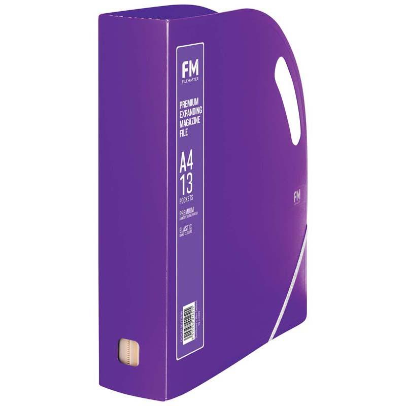 Purple magazine file with 13 pockets, durable polypropylene, expandable with elastic, and easy-to-carry handles.