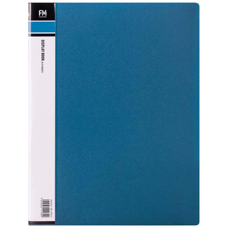 A4 blue display book with 10 durable clear pockets for organizing documents, presentations, and artwork securely.