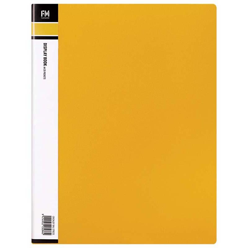 A4 yellow display book with 20 pockets for organizing documents, crafted from durable clear polypropylene.