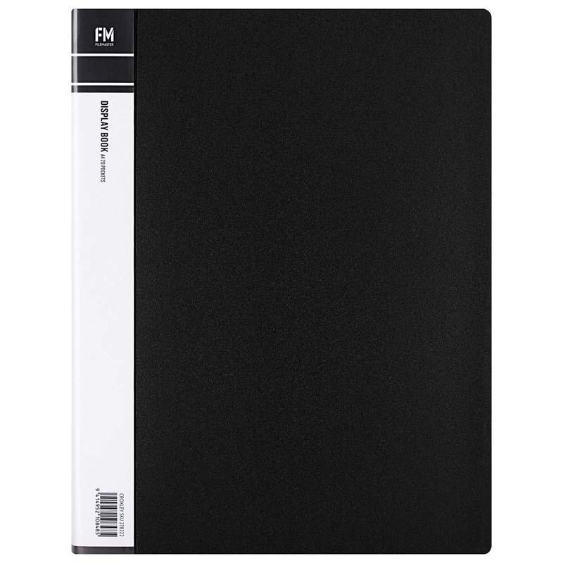 A4 black display book with 20 clear, durable pockets for organized document presentations and protection.