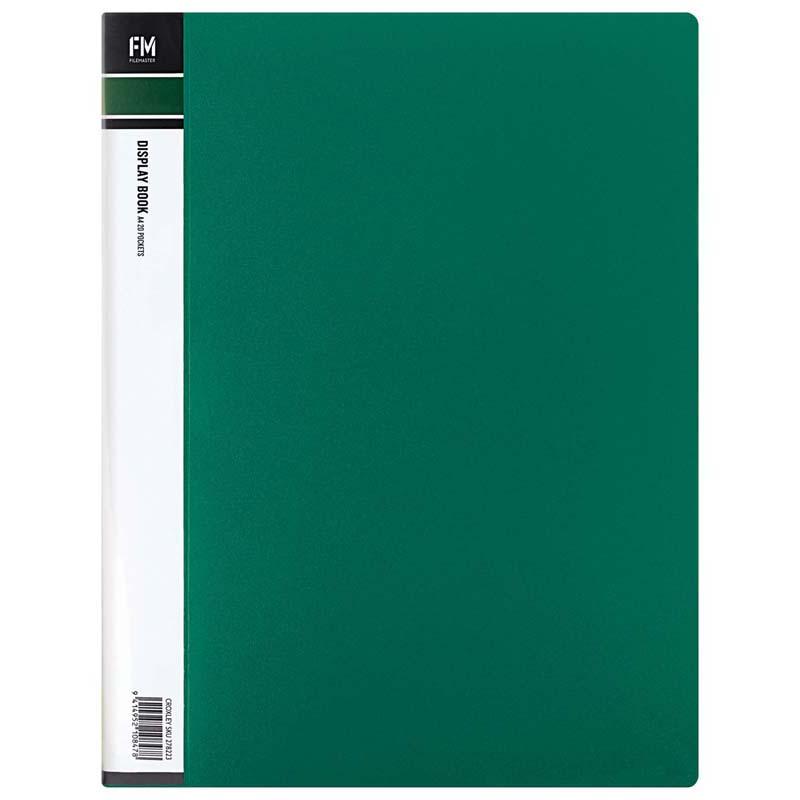 A4 green display book with 20 clear polypropylene pockets for document organization and protection.