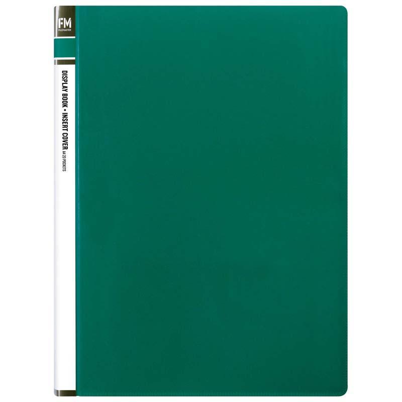 A green A4 display book with 20 clear pockets for organizing and showcasing documents, made from durable polypropylene.