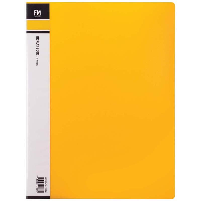 A4 yellow display book with 40 clear polypropylene pockets for organizing documents, perfect for students and professionals.