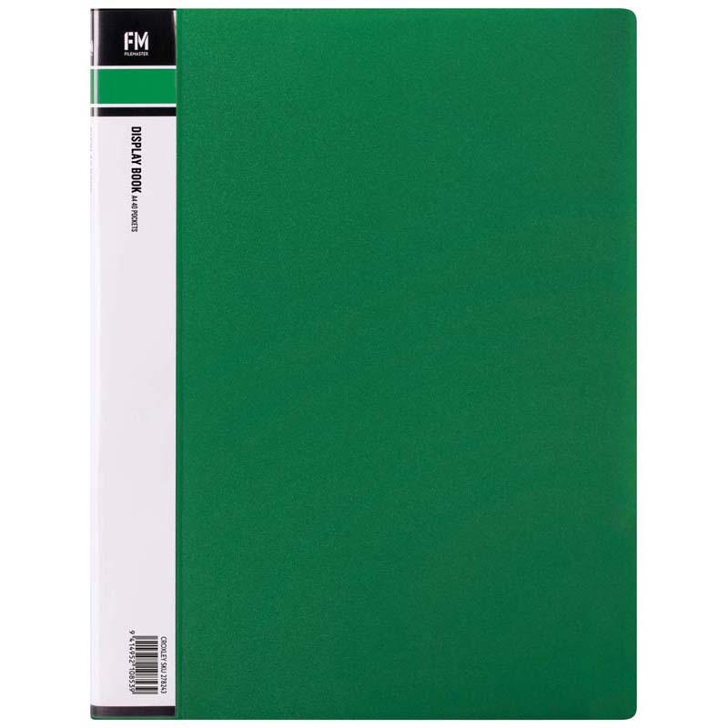 FM Display Book A4 in green, featuring 40 clear pockets for stylish document organization and protection.