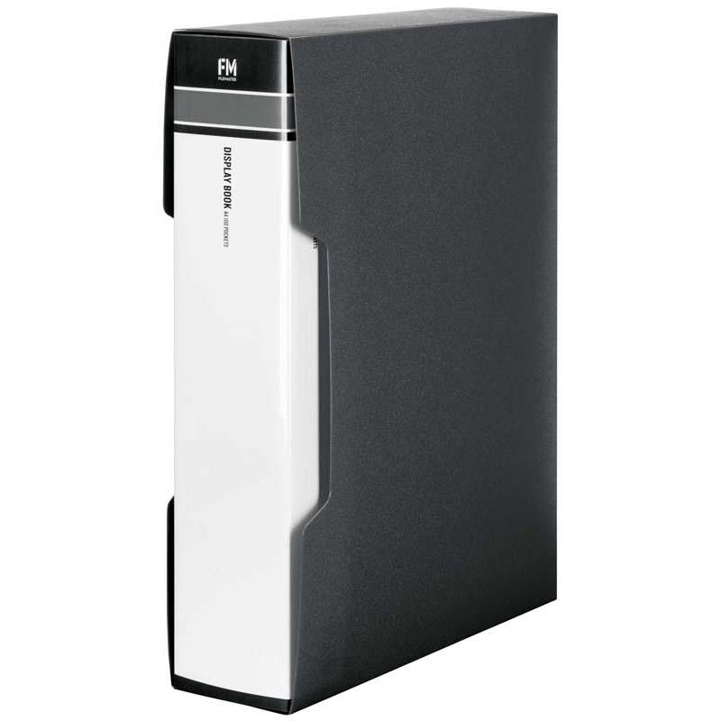 FM Display Book A4 in sleek black with 100 pockets for organizing documents, featuring durable cover and clear polypropylene pages.