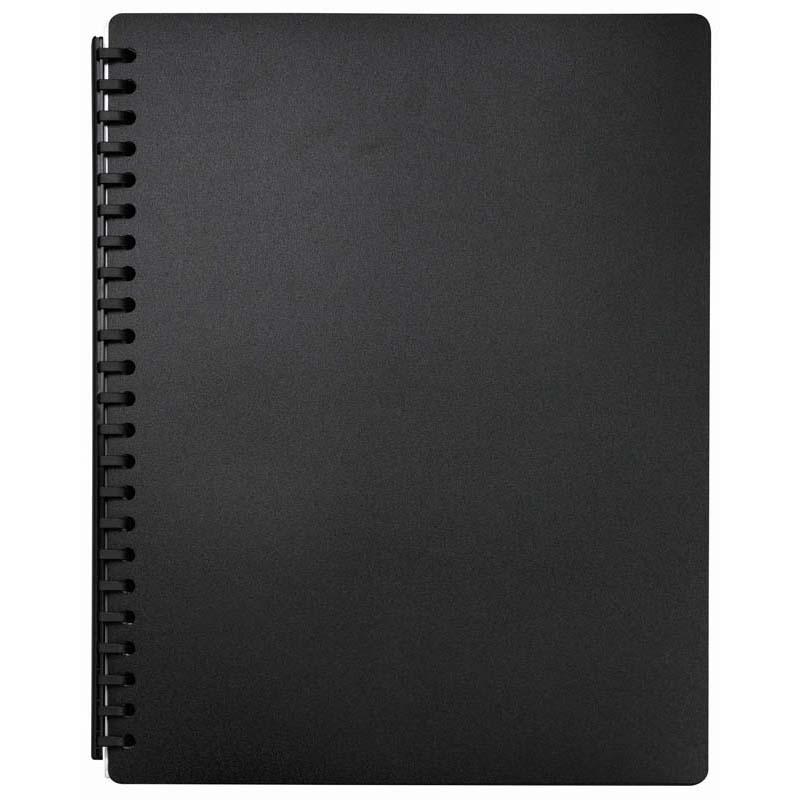 A4 black refillable display book with 20 pockets, ideal for organizing and showcasing documents and artwork.
