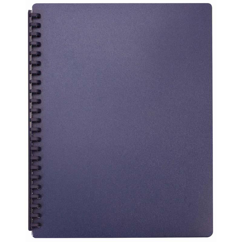 A4 blue refillable display book with 20 pockets for organizing and showcasing documents, made of durable polypropylene.