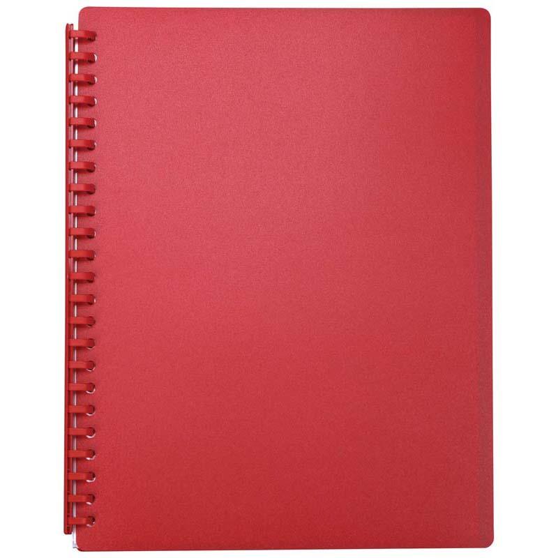 A4 red display book with 20 refillable clear pockets for organizing and protecting documents, crafted from durable polypropylene.