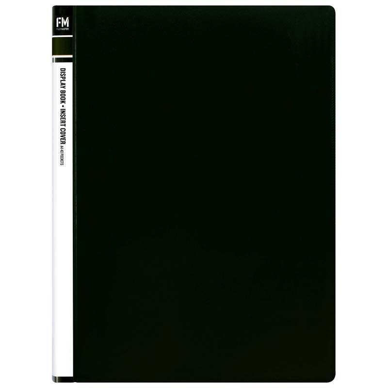 FM Display Book in black with 40 clear polypropylene pockets for organizing and showcasing documents professionally.