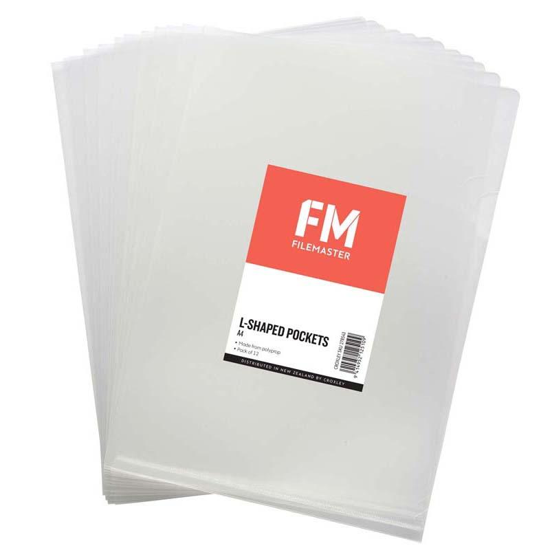 Clear A4 document pockets in a 12-pack, ideal for organizing and protecting papers with easy access L-shaped design.