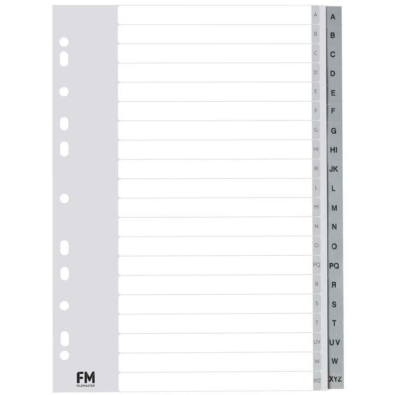 A4 grey polypropylene index with A-Z tabs, waterproof and durable for efficient document organization at home or office.