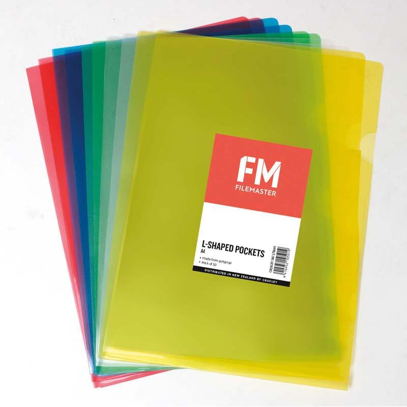 Assorted A4 clear pockets in a 10 pack, ideal for protecting documents and organizing in suspension files.
