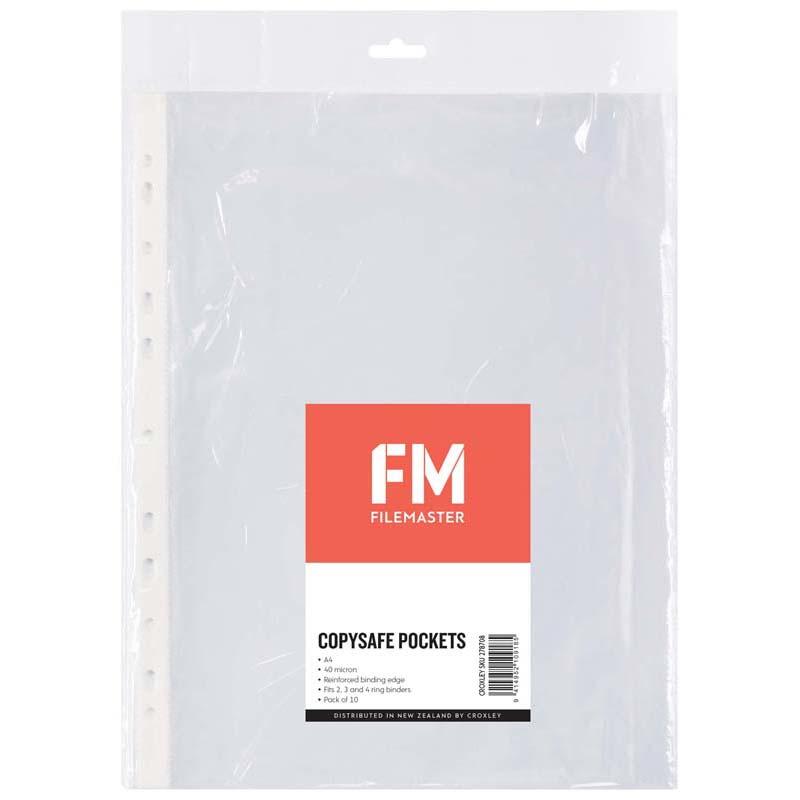 Clear A4 plastic pockets, 40-micron polypropylene, top-opening; ideal for organizing and protecting documents, 10-pack.