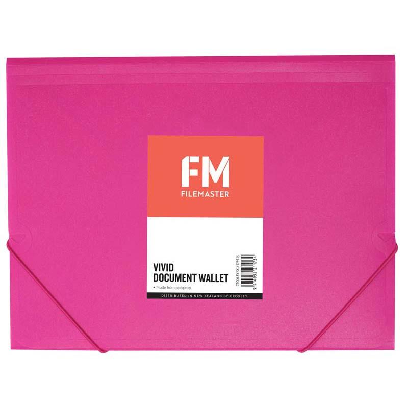 Vivid Shocking Pink A4 document wallet with elastic band closure, made of durable polypropylene for stylish organization.