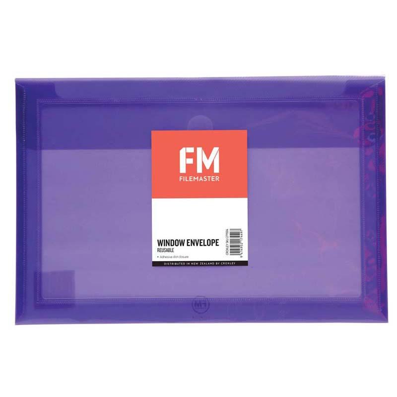Reusable purple polypropylene envelope with Velcro closure, perfect for organizing foolscap documents and notes.