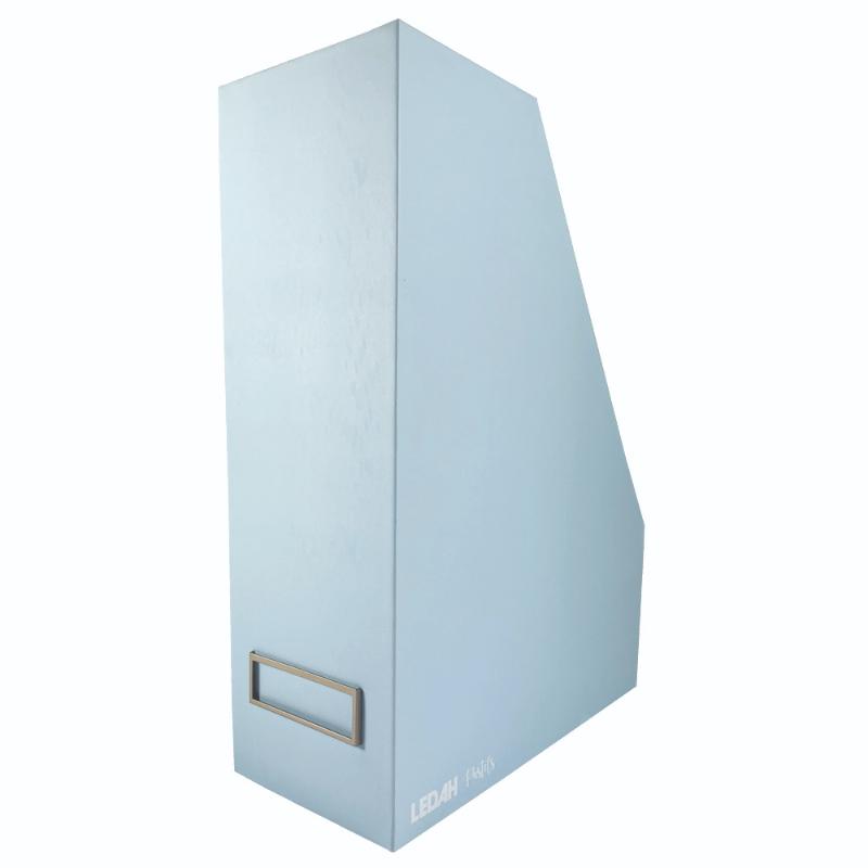 Stylish blue magazine file made of eco-friendly paperboard, perfect for organizing A4 papers with customizable nameplate.