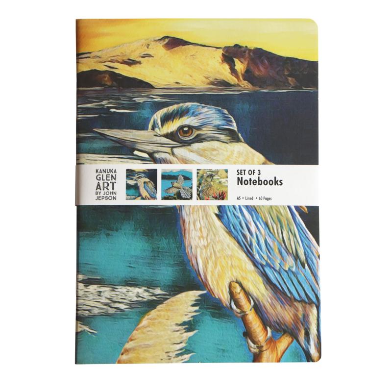 A5 notebook pack featuring vibrant native bird artwork by John Jepson, ideal for journaling and sketching.
