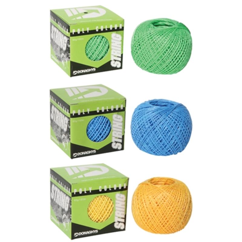 Colorful Donaghys polyester string in a 60g box, 150m long, perfect for packaging, crafts, and DIY projects.