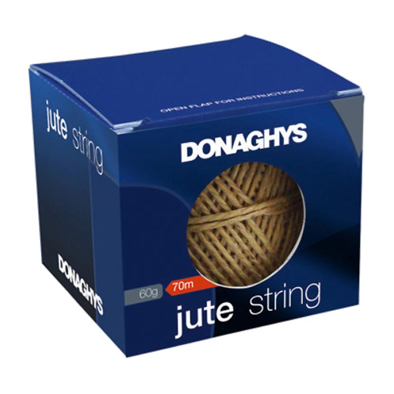 Natural jute string in a 60g box, 70m length, ideal for eco-friendly packaging, gardening, and crafts.