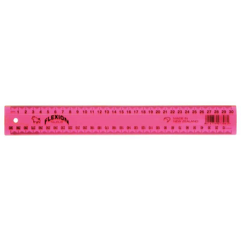 Pink Taurus Ruler Flexion 300mm, a flexible PVC tool for accurate measurements and creative drawing. Ideal for any setting.