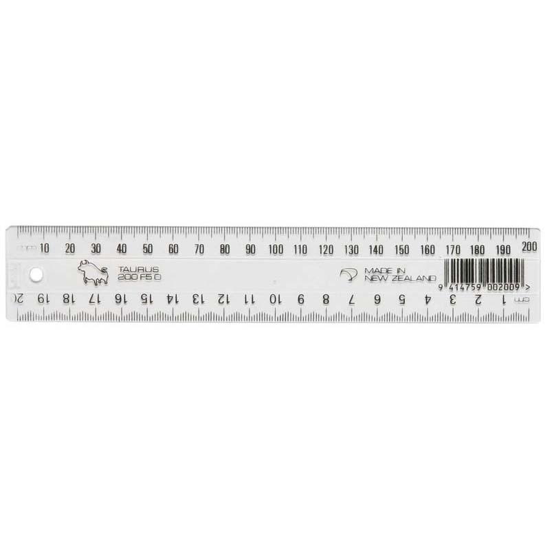 Clear 200mm plastic ruler made from durable Styrene, ideal for precise measurements in cm and mm. Perfect for students and professionals.