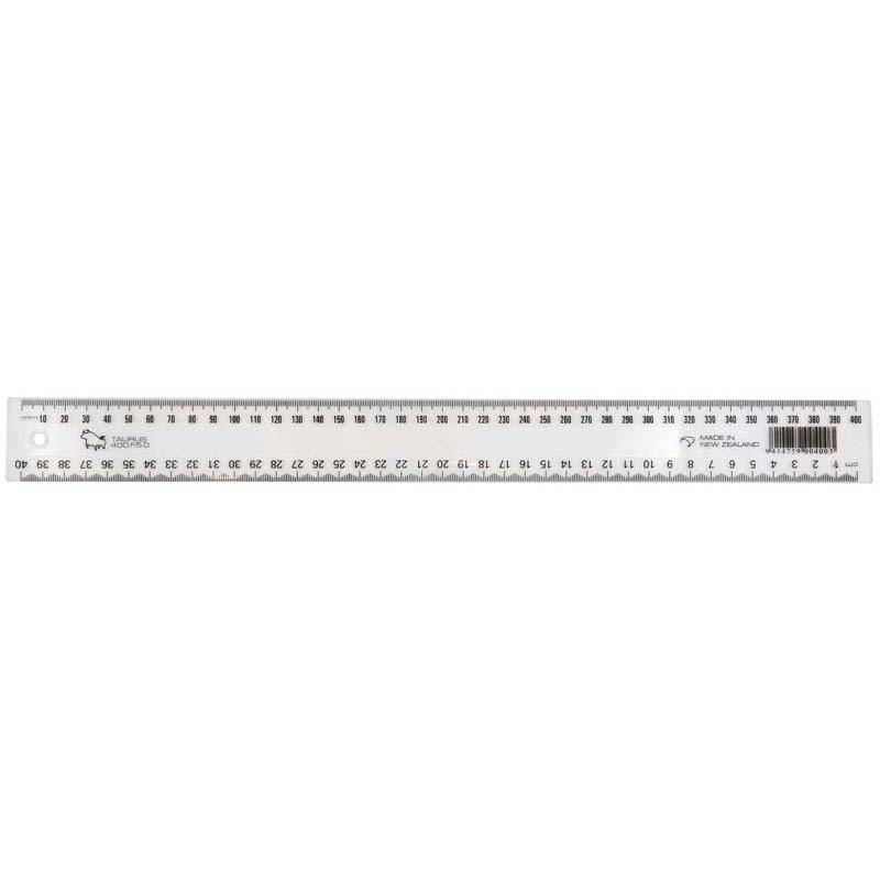 Clear 400mm Taurus Ruler made from styrene, featuring easy-to-read cm/mm graduations for precise measurement and clean lines.