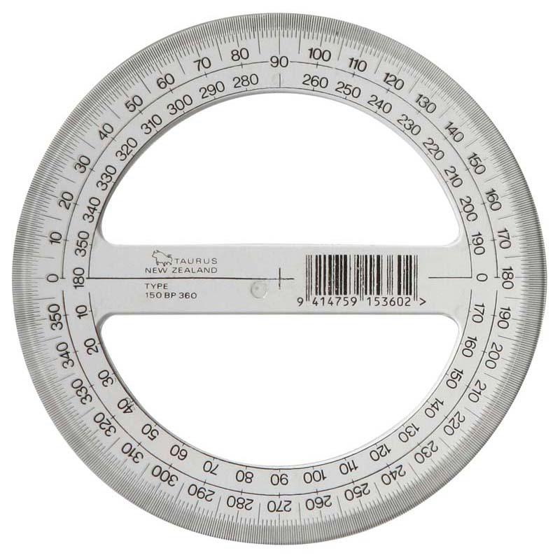 Clear 15cm Taurus Protractor for measuring angles and circles, made from durable transparent plastic, designed for precision use.