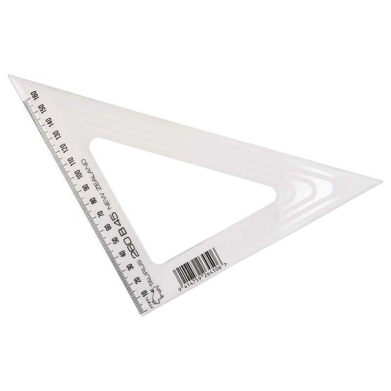 Taurus Set Square 26cm 45, a clear plastic tool for precise 45-degree angles, ideal for students and professionals in design.